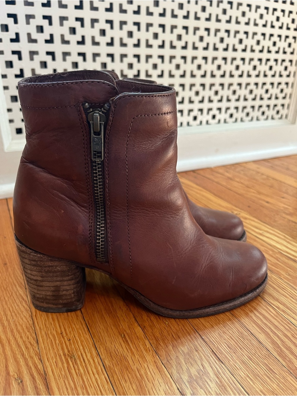 Frye brown Leather double size zip bootie in size 5.5